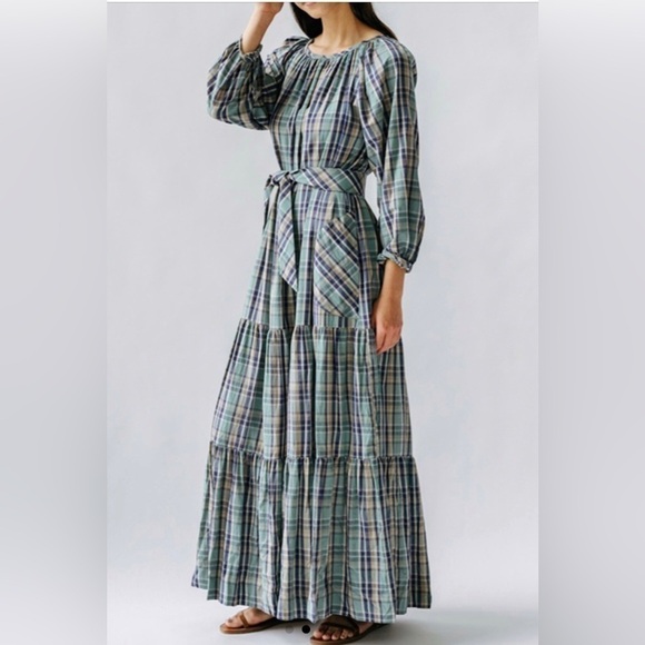 MIRTH Maxi Dress Medium Ostuni Ocean Plaid NWT Cotton Handloomed Pockets Belt - Picture 1 of 14